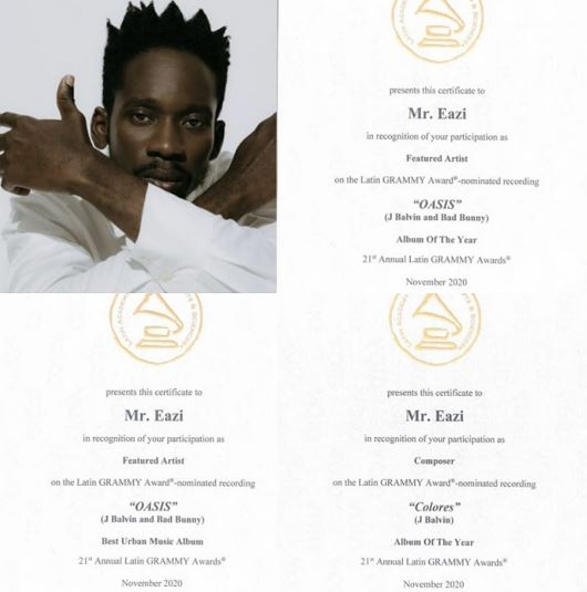 Nigerian Singer Mr Eazi Wins 4 Latin Grammy Award Certificate